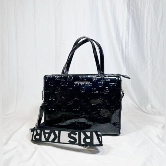 Karl Lagerfeld Paris Black Patent Leather Maybelle Signature Cross Body Satchel - Picture 1 of 8